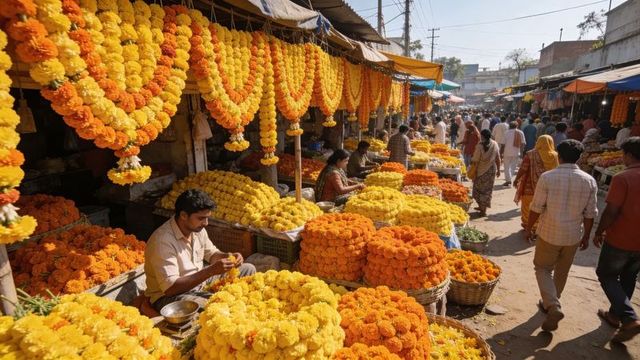 Stringing marigold garlands at bustling indian flower market, vibrant yellow and orange