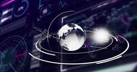 Futuristic 3D Rotating Globe with Holographic HUD, Orbital Rings and Network Analytics