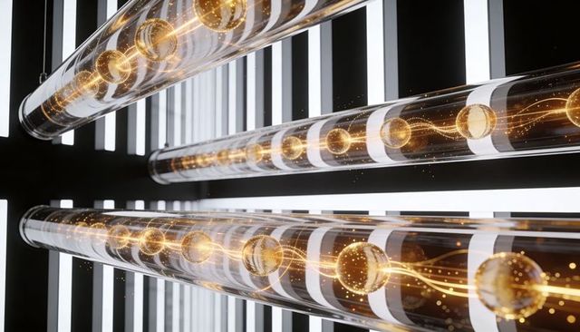 Flowing golden energy orbs inside transparent tubes with vertical led grid futuristic tech