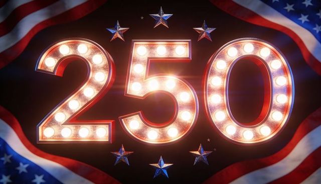 Glowing marquee numerals 250 featuring retro bulbs, metallic stars, patriotic ribbons