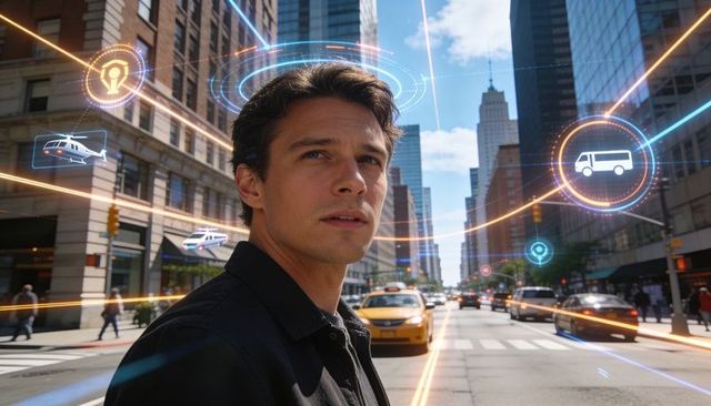 Young man scanning city crosswalk with ar navigation overlays and futuristic hud