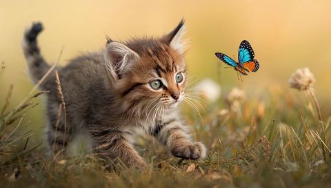 Curious tabby kitten stalking blue-and-orange butterfly during golden hour