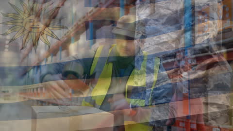 Warehouse Worker Collaborates in International Shipping with Layered Flag Imagery