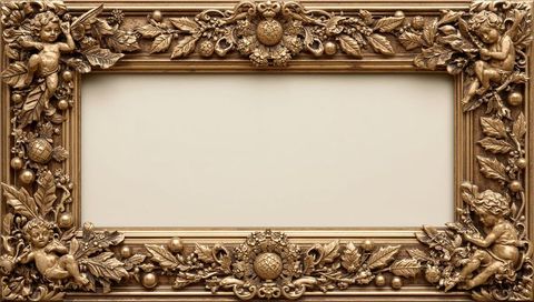Gilded Baroque Rectangular Frame Featuring Carved Cherubs, Acanthus Leaves, Blank Panel