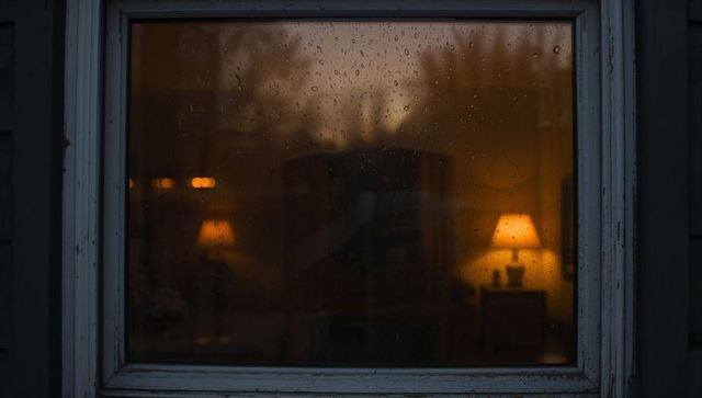 Rain-dappled Window Showing Warm Amber Lamps Through Peeling Painted Frame at Dusk