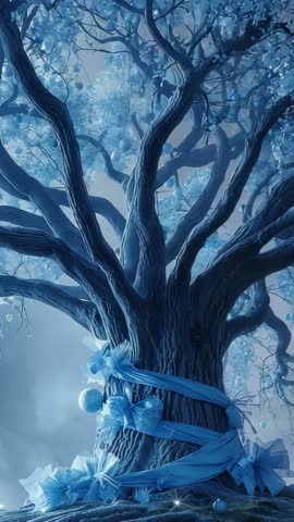 Vertical video rising along foggy tree trunk wrapped in blue ribbons and glowing ornaments