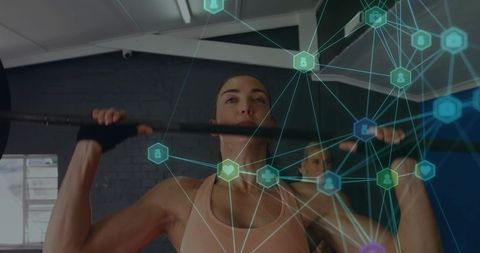 Woman Lifting Barbell Overhead with Augmented Reality Fitness Network Overlay for Training