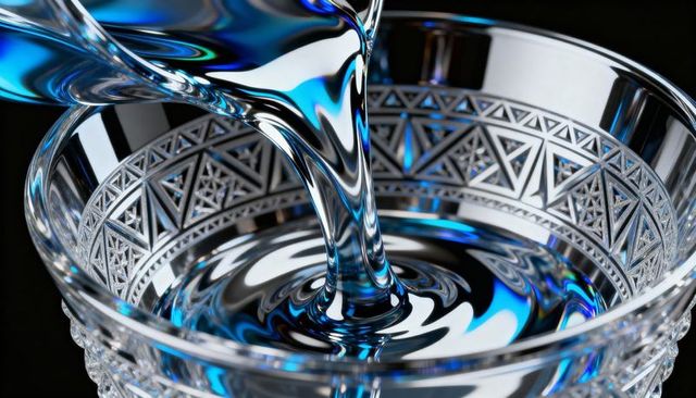 Pouring crystal bowl creating swirling liquid with blue refractions and geometric facets