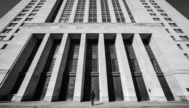 Solitary pedestrian walking toward monumental neoclassical facade with stone colonnade