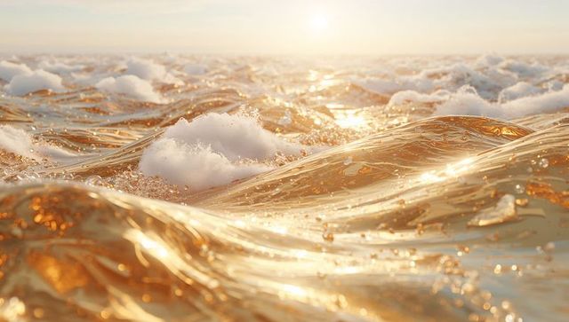 Shimmering golden ocean waves reflecting sunset with foamy crests and sparkling droplets
