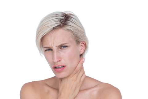 Blonde woman suffering from throat discomfort with transparent background