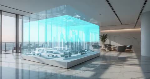 Futuristic Hologram Display Showcasing Skyline in Modern Interior