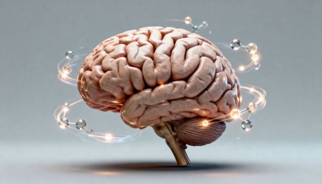 Floating human brain with glowing neural circuits and orbiting molecular orbs