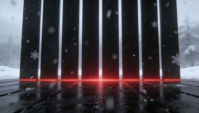 Black vertical panels creating futuristic gate with red led line and reflective floor on snowy deck
