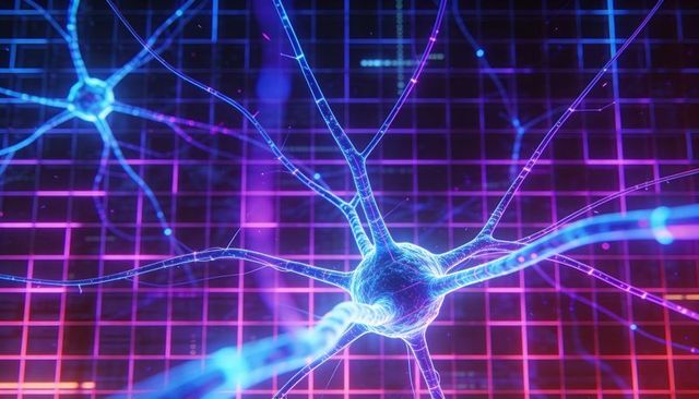 Neon neural network pulsing synapse visualizing data flow futuristic cyberpunk interface
