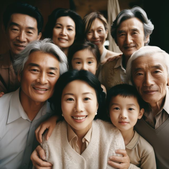 Multigenerational Asian family smiling cheerfully indoors, showcasing warm family bonds. Grandparents, parents, and children creating a happy family moment. Use for family health, intergenerational relationships, cultural values, and lifestyle topics.