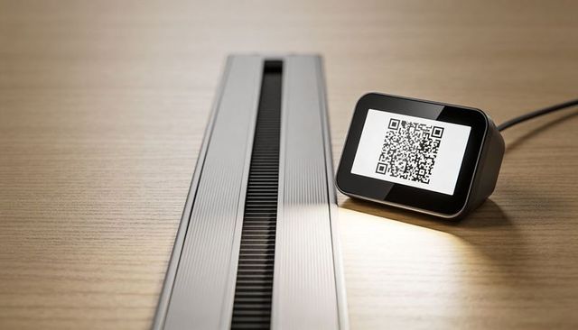 Displaying qr payment terminal on woodgrain desk with metal cable grommet and copy space