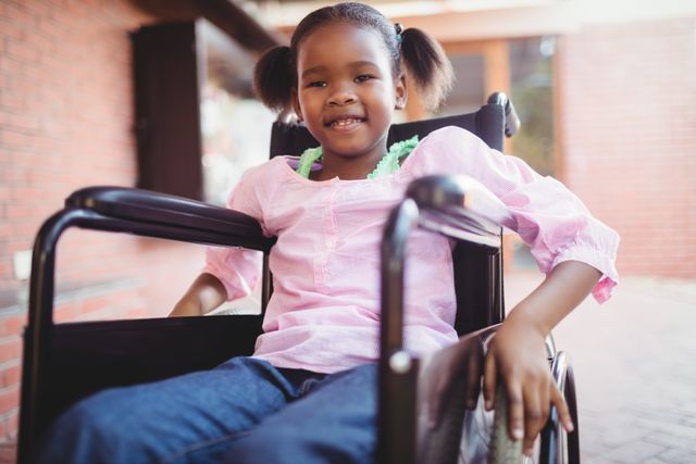 Young African American girl sitting in a wheelchair, smiling brightly on a sunny day. She is wearing casual clothing and appears happy and confident. This image can be used to promote themes of inclusion, accessibility, empowerment, and positivity. Ideal for educational materials, healthcare promotions, and social campaigns advocating for disability rights and childhood happiness.