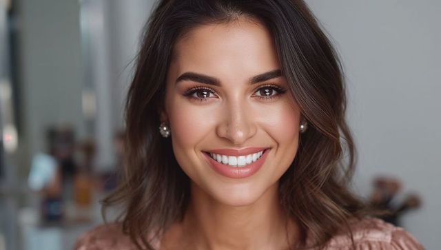 Smiling woman at vanity mirror with makeup tools