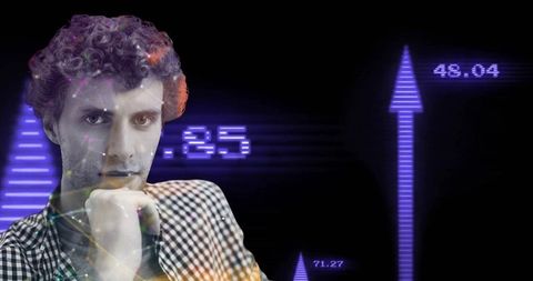 Contemplative man analyzing digital financial charts in black background