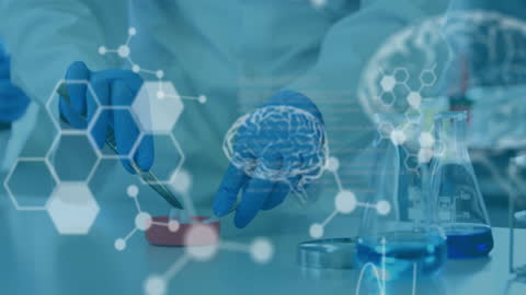 Scientist in Laboratory with Digital Scientific Graphics Overlay