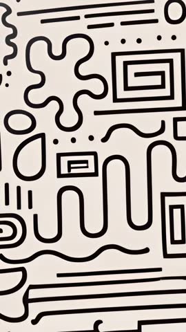 Vertical loop showing black abstract doodle pattern on cream backdrop for minimalist video