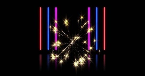 Vibrant firework burst with neon light trails over black