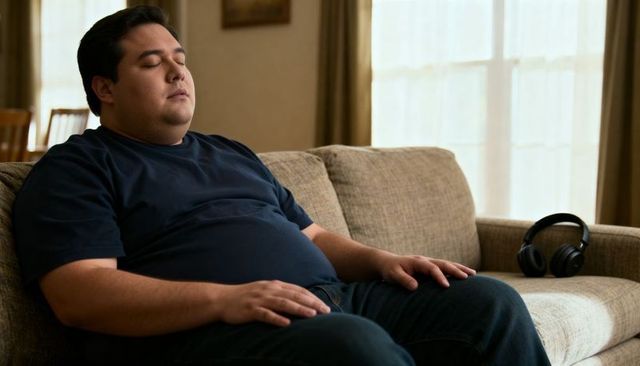Hispanic man resting on beige sofa with headphones in cozy living room, relaxed lifestyle