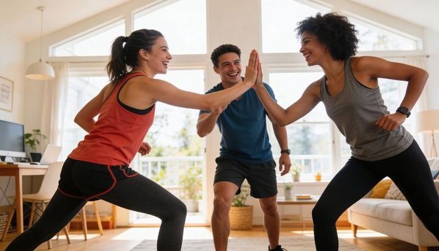 Three friends doing lunges and high-fives in bright living room during home workout