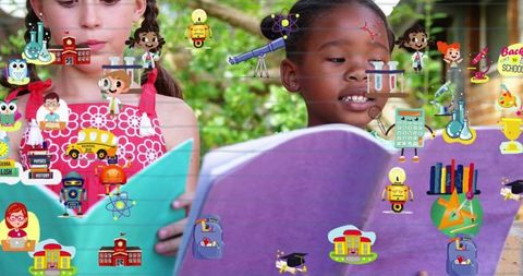 Two schoolgirls reading with educational icons overlaid