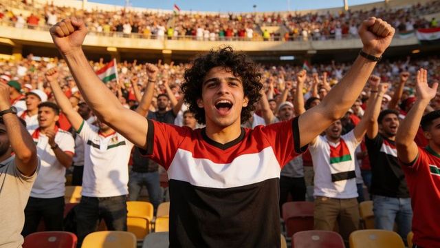 Cheering soccer fan raising arms in packed stadium wearing tri-color jersey
