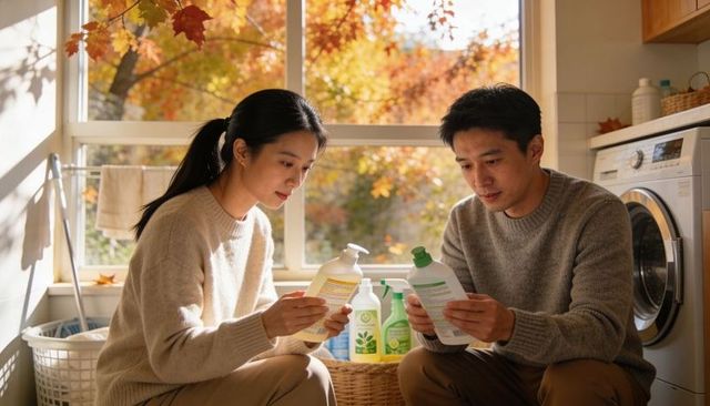 Couple comparing detergent labels while preparing laundry in sunlit autumn laundry room