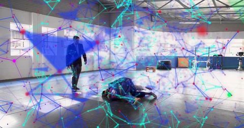 Instructor guiding teenage grappling trainees on mats with neon digital network overlay