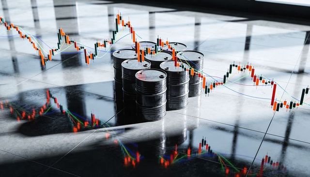 Crude Oil Price Volatility Concept with Metal Barrels and Candlestick Trading Charts