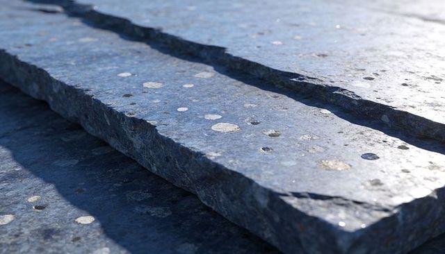 Sunlit layered slate slabs with mineral flecks and cleaved edges for hardscape texture