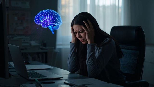 Woman holding temples experiencing headache with glowing holographic brain in dark home office