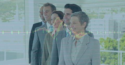 Executive team standing in bright office with financial waveform overlay