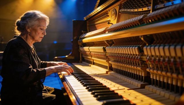 Elderly concert pianist performing on grand piano with exposed action under spotlight