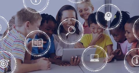 Diverse elementary students and teacher collaborating on tablet with digital learning icons