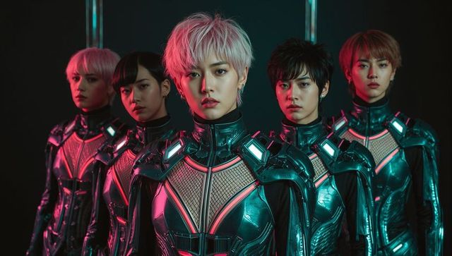 Futuristic soldiers posing in high-tech armor