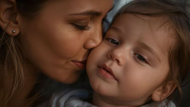 Mother nuzzling toddler closeup tenderness and warmth family bond intimate portrait loving