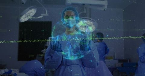Gesturing surgeon interacting with holographic globe and ecg data in operating room