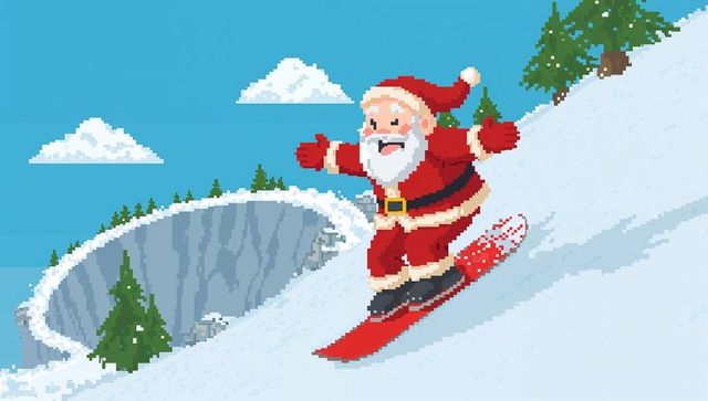 Santa snowboarding pixel art carving down snowy slope with red snowboard