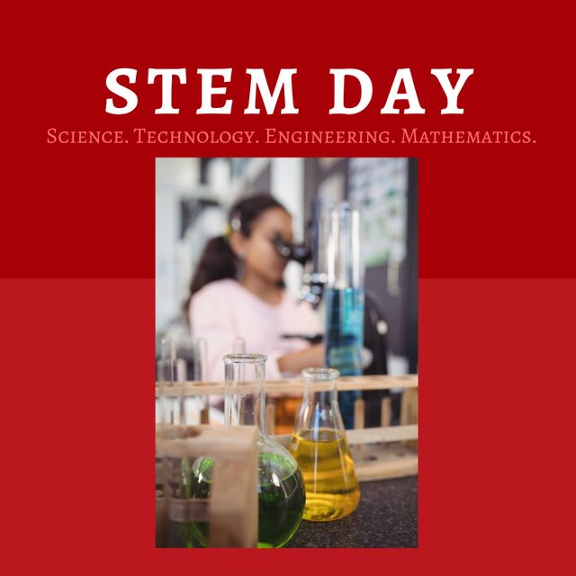 Composition of stem day text over biracial woman in lab. Stem day and celebration concept digitally generated image.