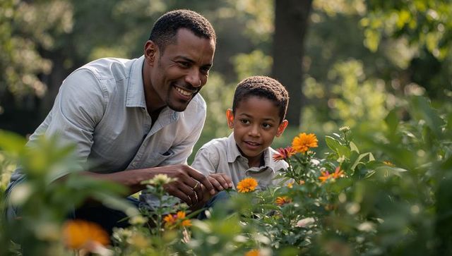 Black father and son exploring sunlit garden smiling studying orange daisy blooms