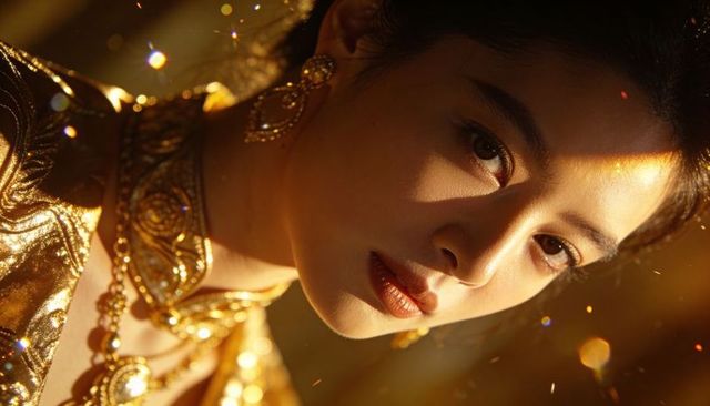 Asian woman adorned with ornate gold jewelry and embroidered couture gown, warm golden bokeh