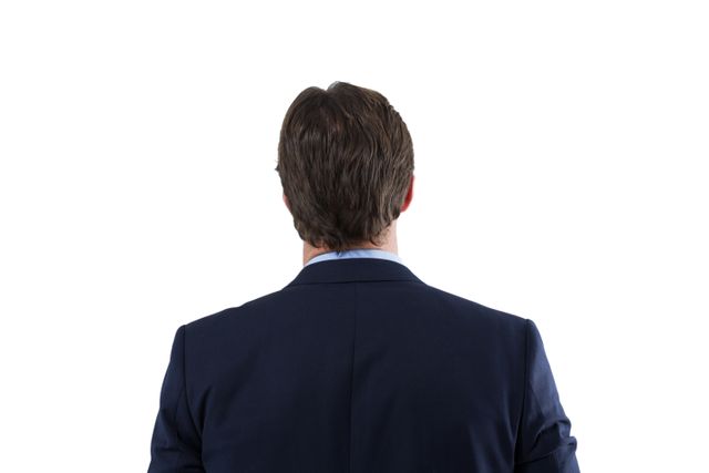 Rear view of businessman looking at invisible virtual screen against white background
