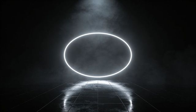 Neon Oval Ring Hovering Over Wet Tiles Foggy Minimalist Futuristic Background