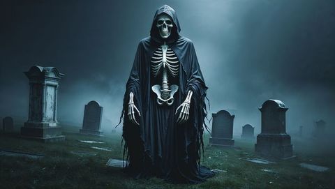 Grim Reaper Stands in Misty Cemetery at Night