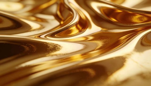 Liquid gold surface with flowing ripples and glossy metallic reflections macro abstract